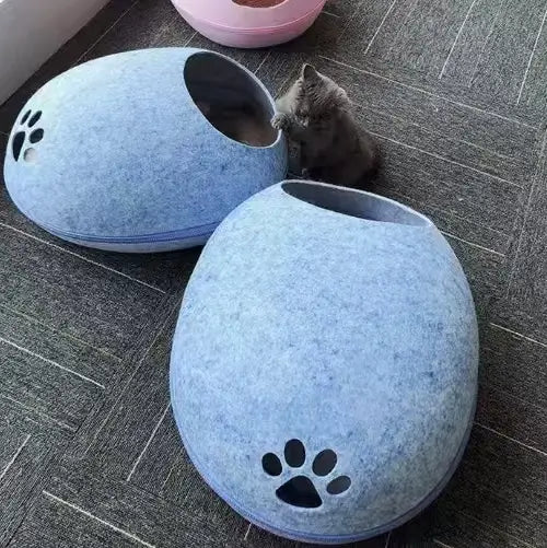Enclosed Cat Bed for Cats - Felt, Paw Print, Egg-Shaped, Blue