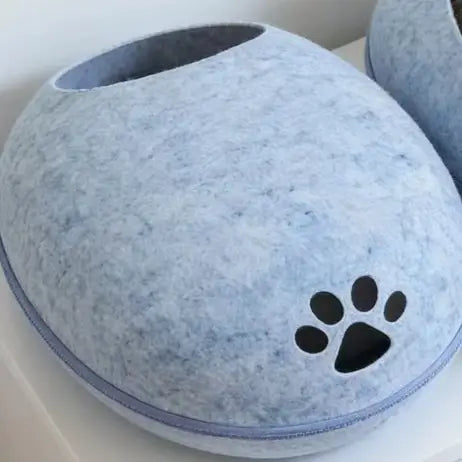 Enclosed Cat Bed for Cats - Felt, Paw Print, Egg-Shaped, Blue