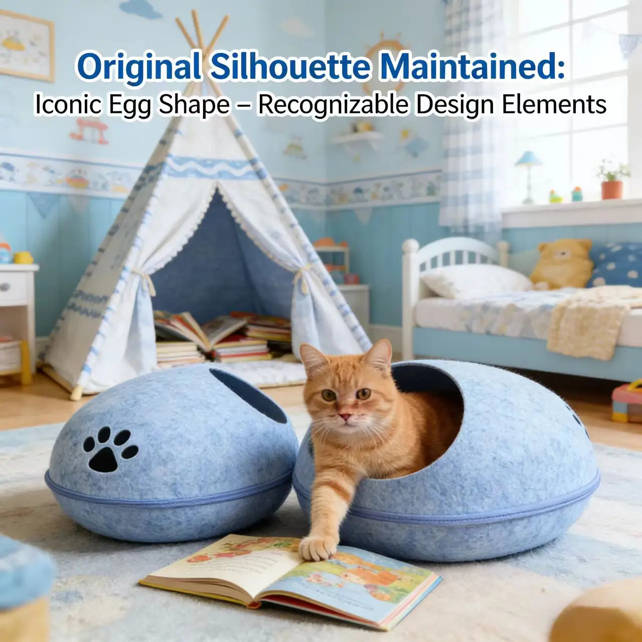 Enclosed Cat Bed for Cats - Felt, Paw Print, Egg-Shaped, Blue