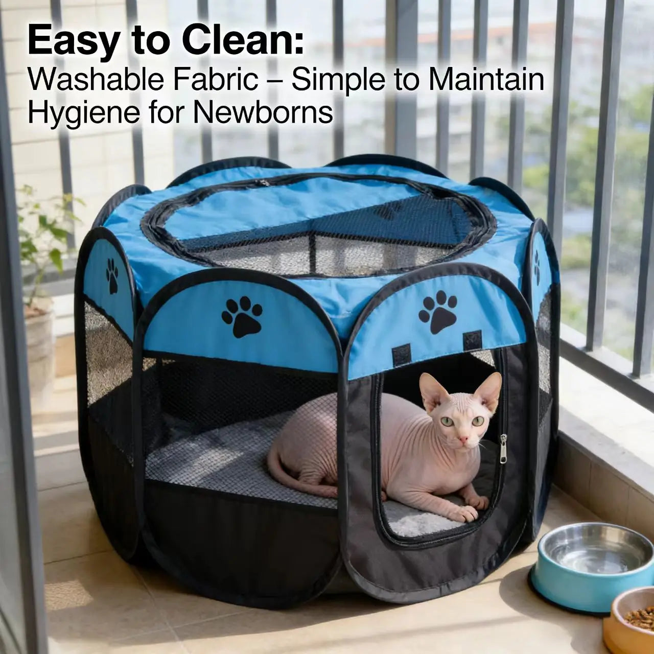 Cat Playpen/Nesting Box - Mesh, Paw Print, Washable, Multi-Color