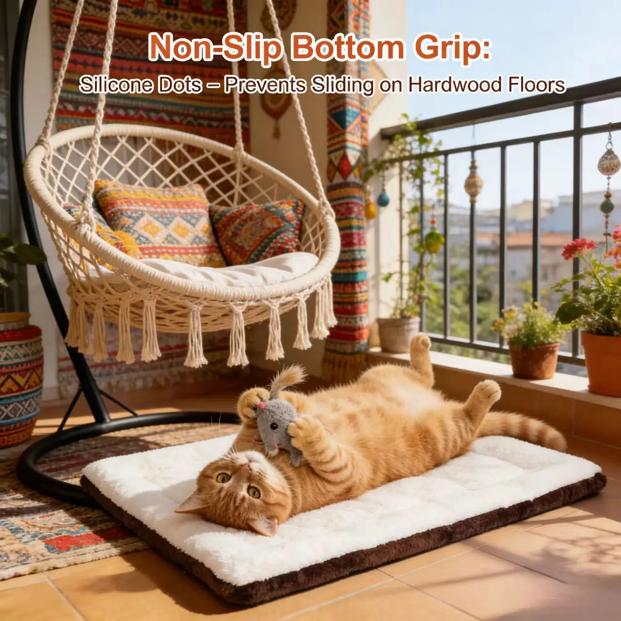 Restful Cat Mat - Plush Fabric, Dual-Color, Brown/White