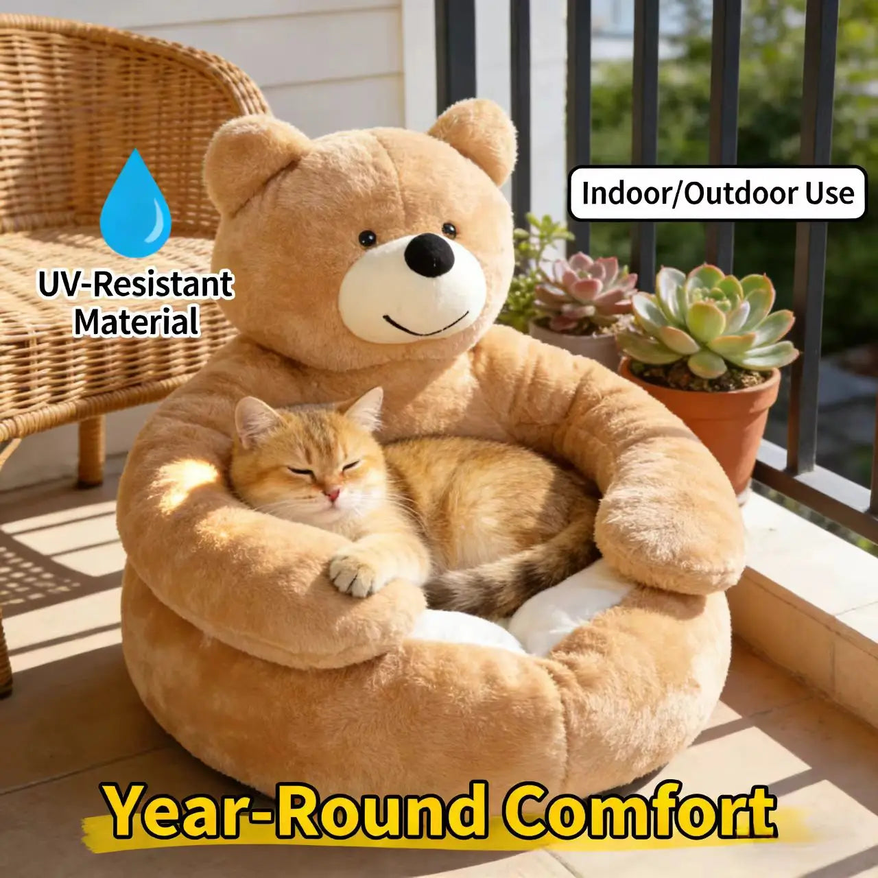 Cute Bear-Shaped Cat Bed - Plush, Snuggly, Beige