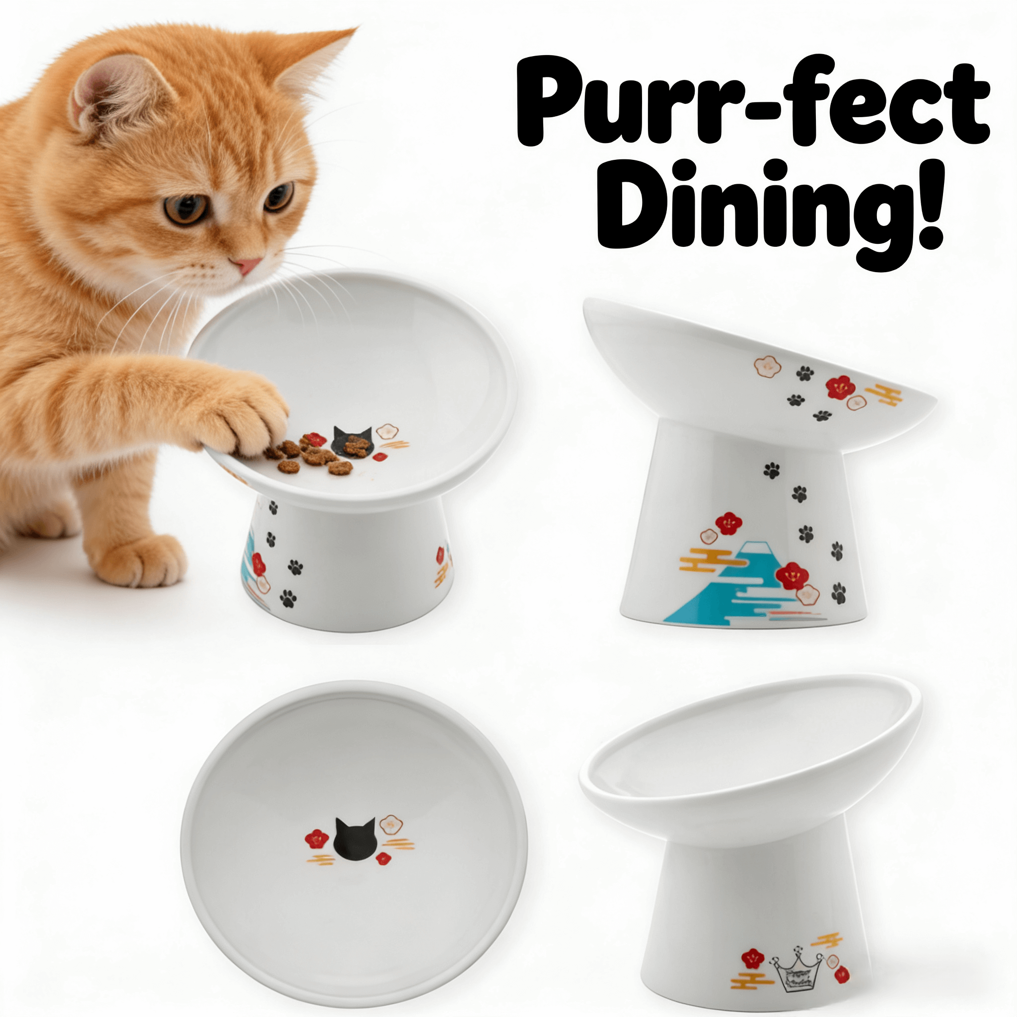 Neck-Protecting Elevated Ceramic Bowl for Cats – Non-Slip, Easy Clean, White
