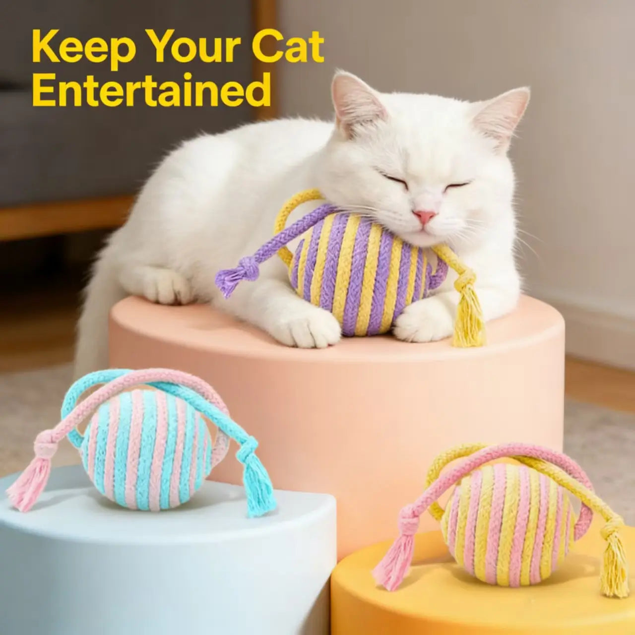 Fun Striped Yarn Cat Toy - Interactive, Tassel-Accented, Multi-Color