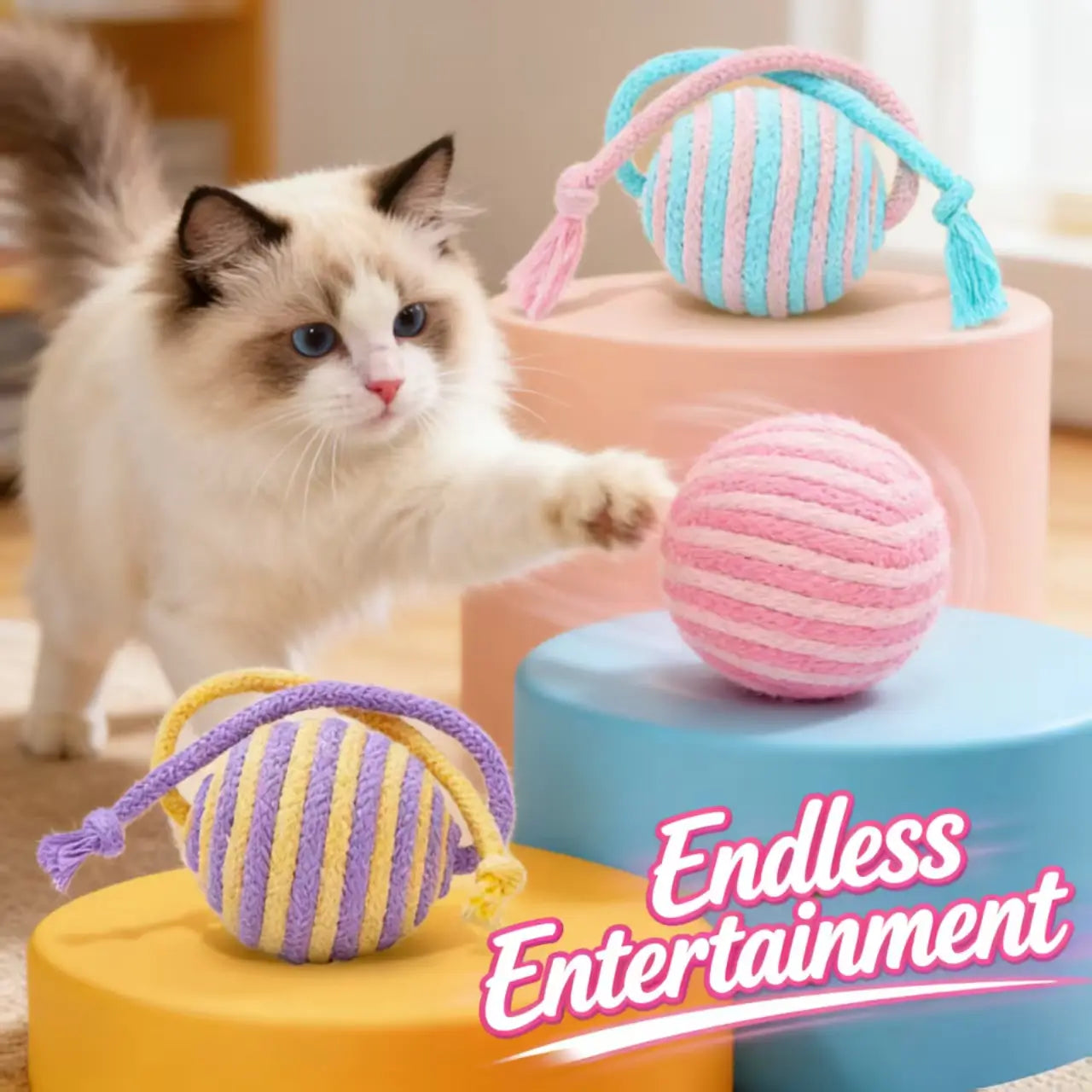 Fun Striped Yarn Cat Toy - Interactive, Tassel-Accented, Multi-Color