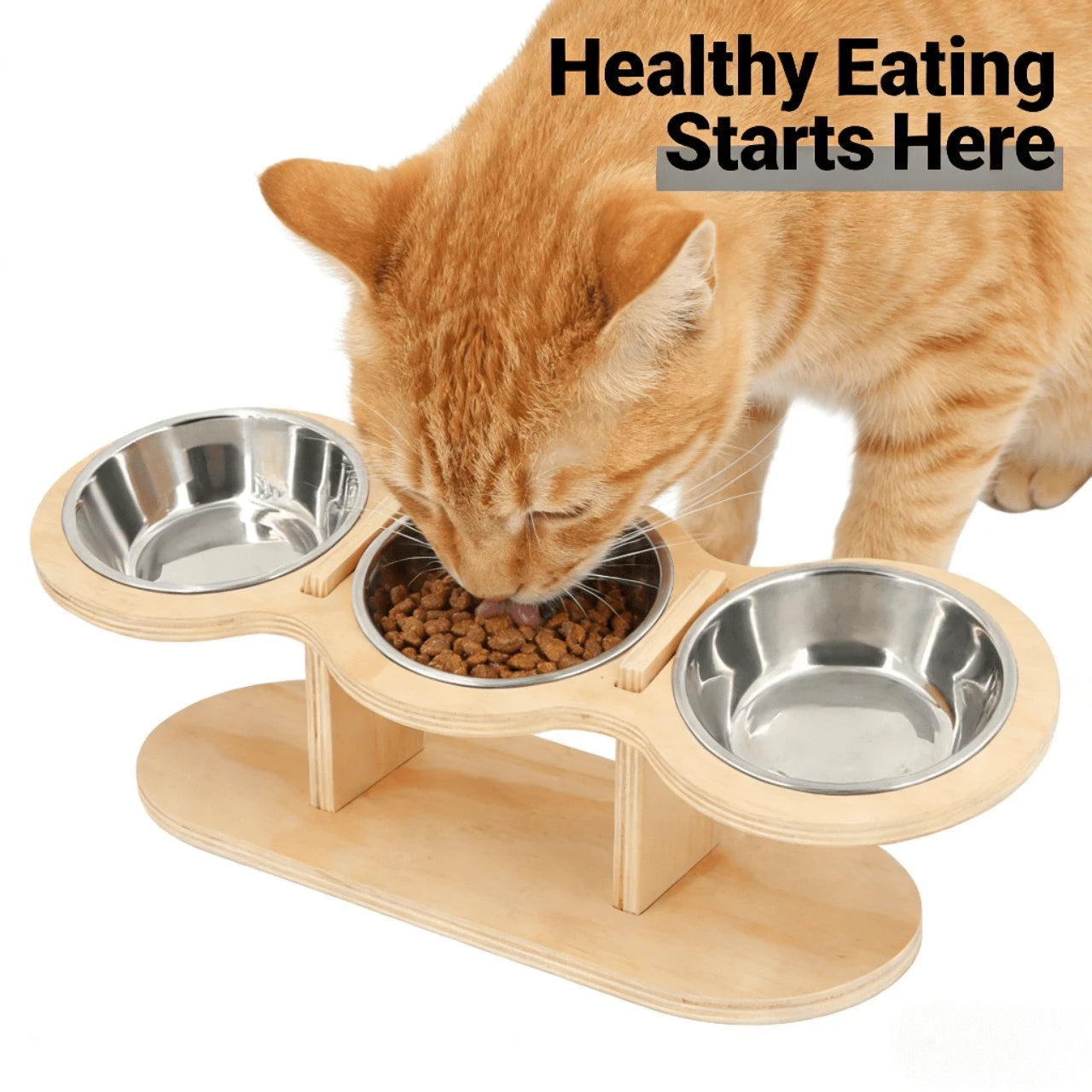 Neck-Protecting Elevated Triple Bowl Feeder for Cats – Stainless Steel Bowls, Wooden Stand
