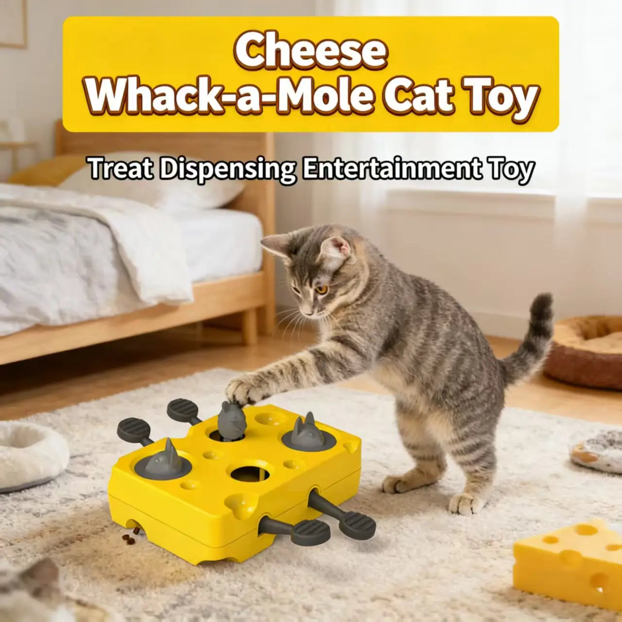 Cheese Cat Whack-a-Mole Toy - Interactive, Treat-Dispensing