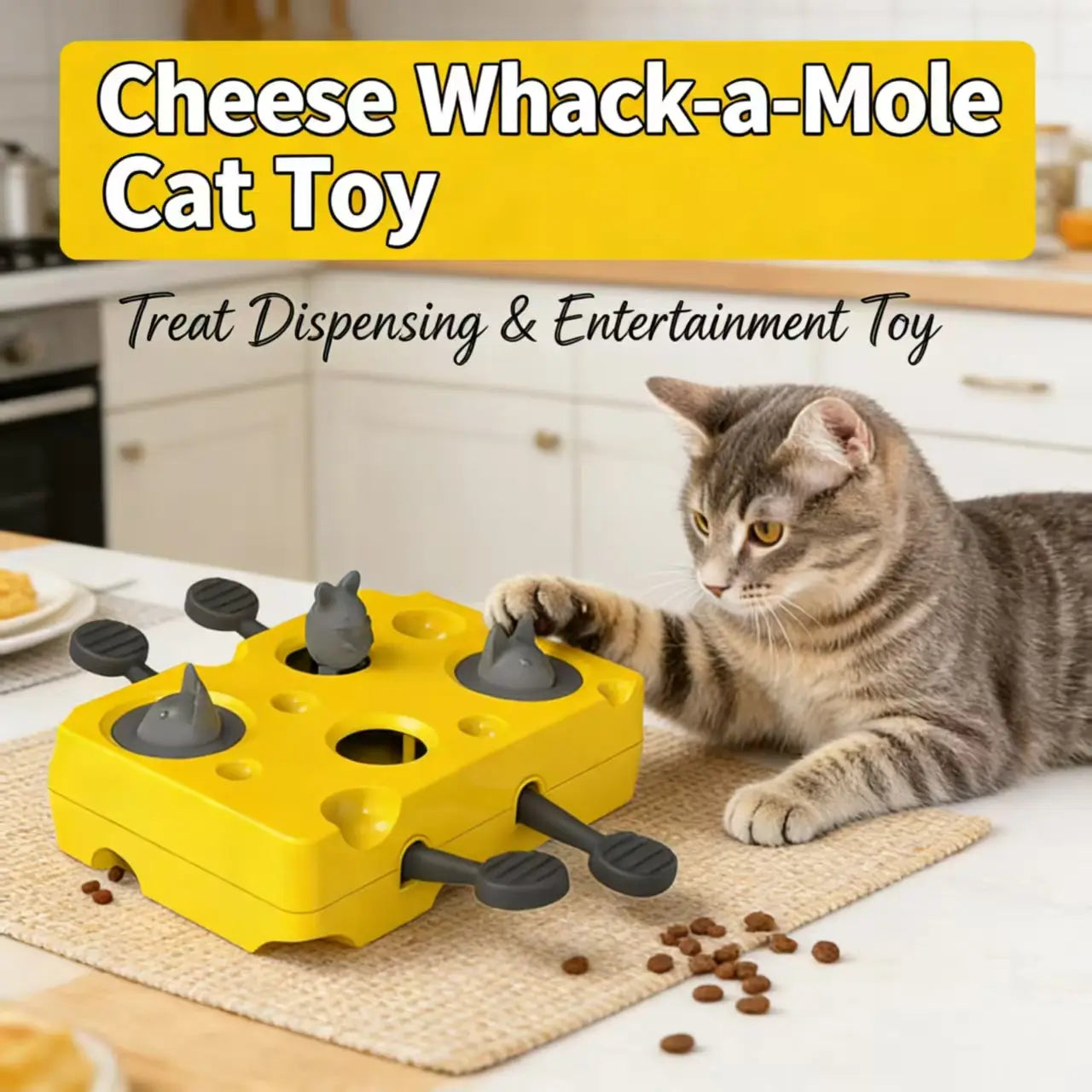 Cheese Cat Whack-a-Mole Toy - Interactive, Treat-Dispensing
