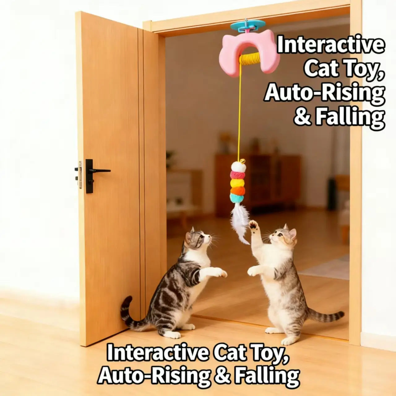 Hanging Cat Toy with Auto-Rising Motion - Interactive, Pom-Pom & Feather, Hands-Free