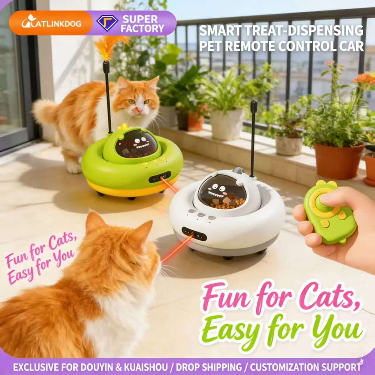 Remote-Controlled Cat Toy - Laser & Treat Dispenser, Interactive, Green/Gray