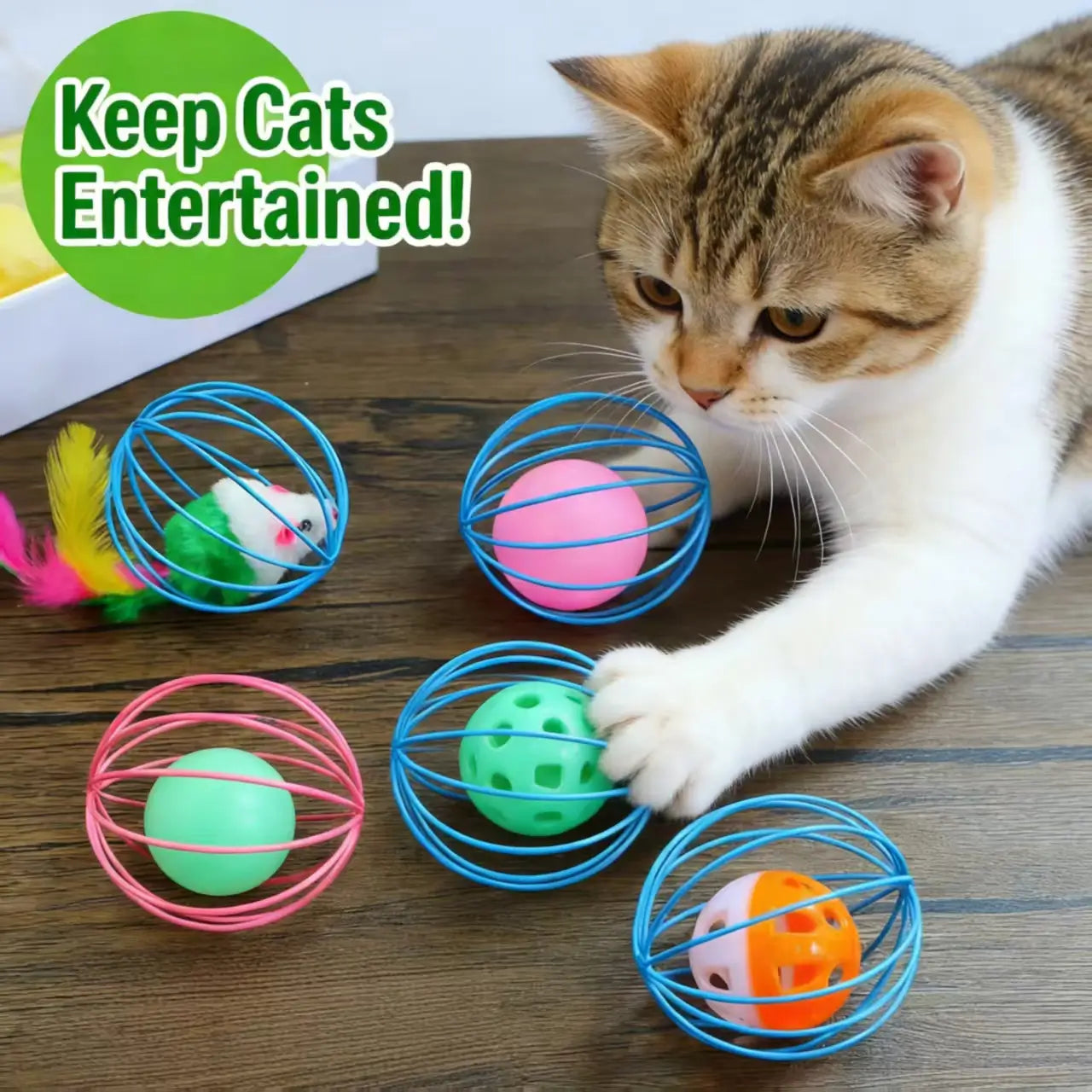 Interactive Cage Ball Cat Toy - Single, Feather Mouse/Ball/Bell, Multi-Color