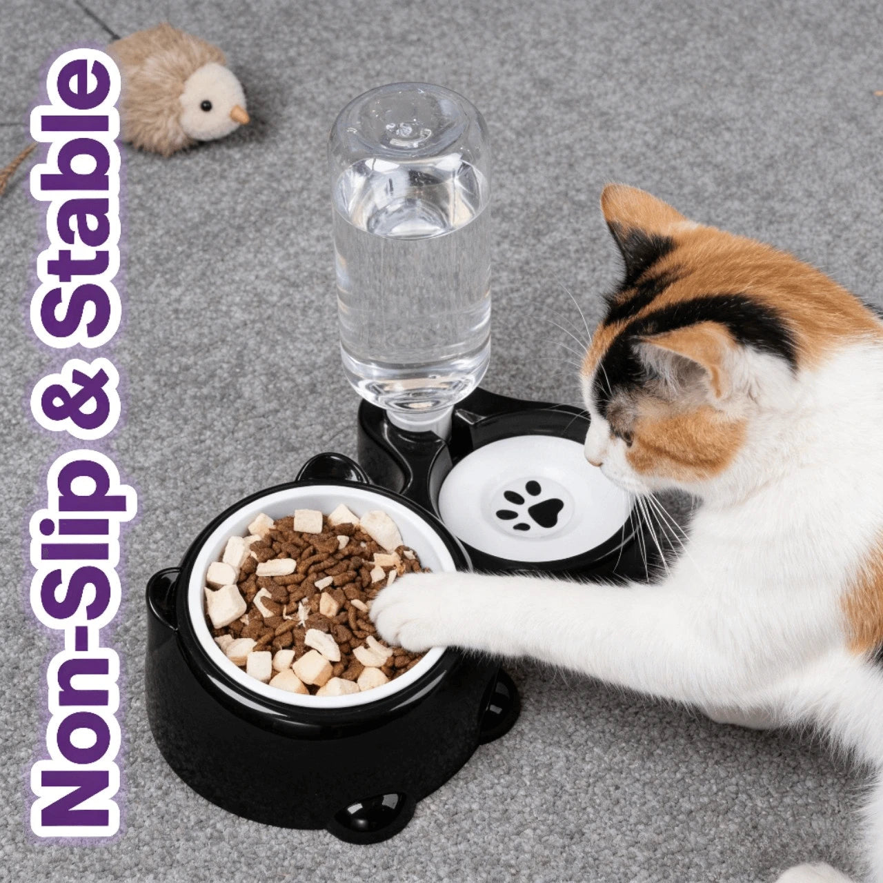 2-in-1 Hydration & Feeding Dual Bowl for Cats – Ceramic, Non-Slip, Black & White