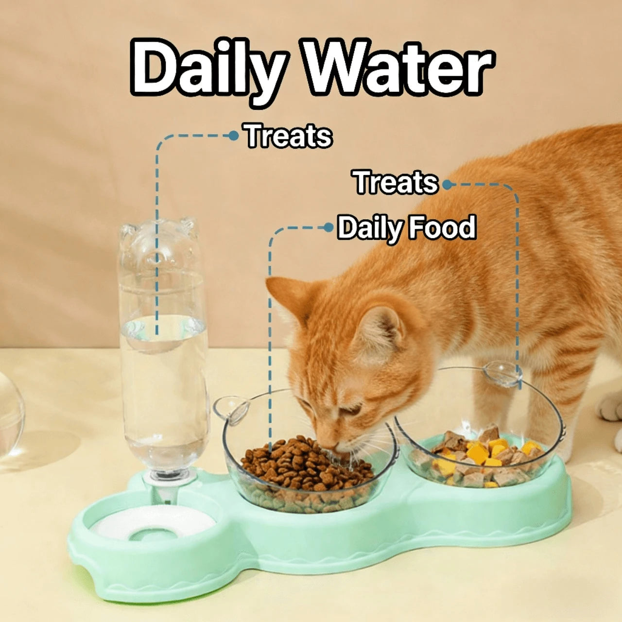 3-in-1 Feeding & Hydration Station for Cats – Glass Bowls, Non-Slip Base, Mint Green