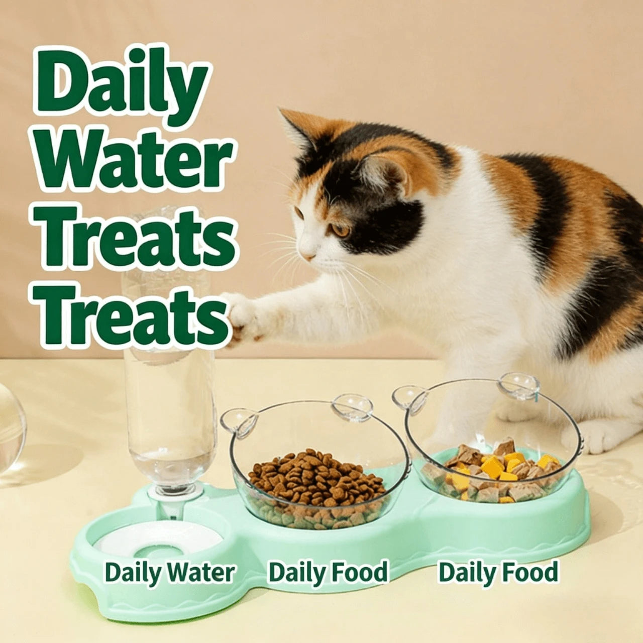 3-in-1 Feeding & Hydration Station for Cats – Glass Bowls, Non-Slip Base, Mint Green