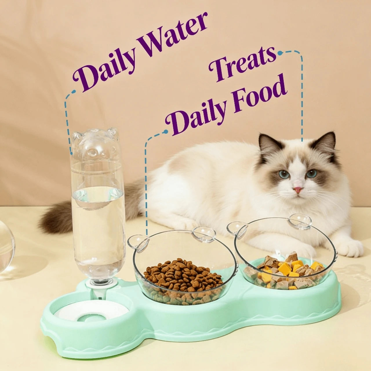3-in-1 Feeding & Hydration Station for Cats – Glass Bowls, Non-Slip Base, Mint Green