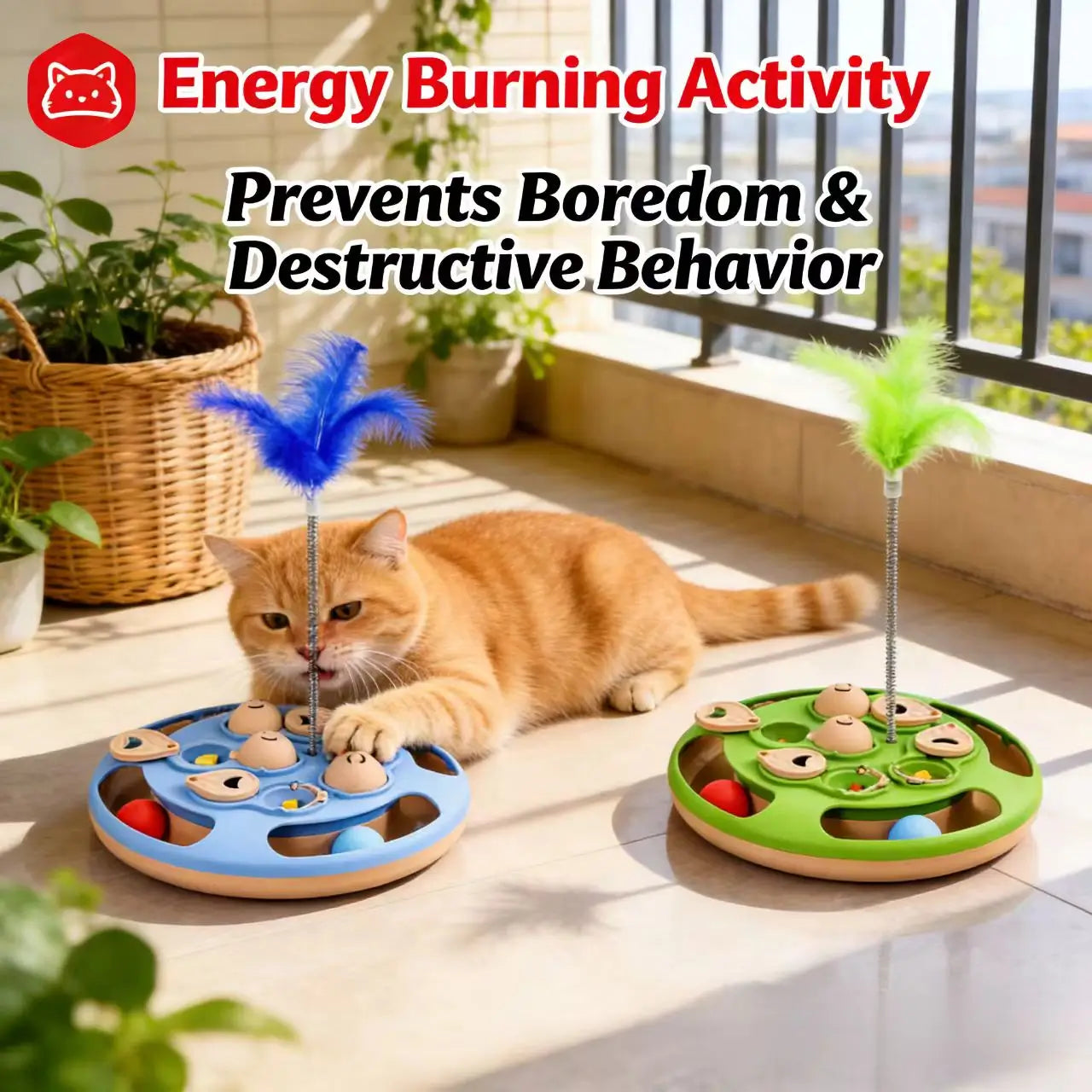 Interactive Whack-a-Mole Cat Toy - Feather Teaser,  Blue/Green