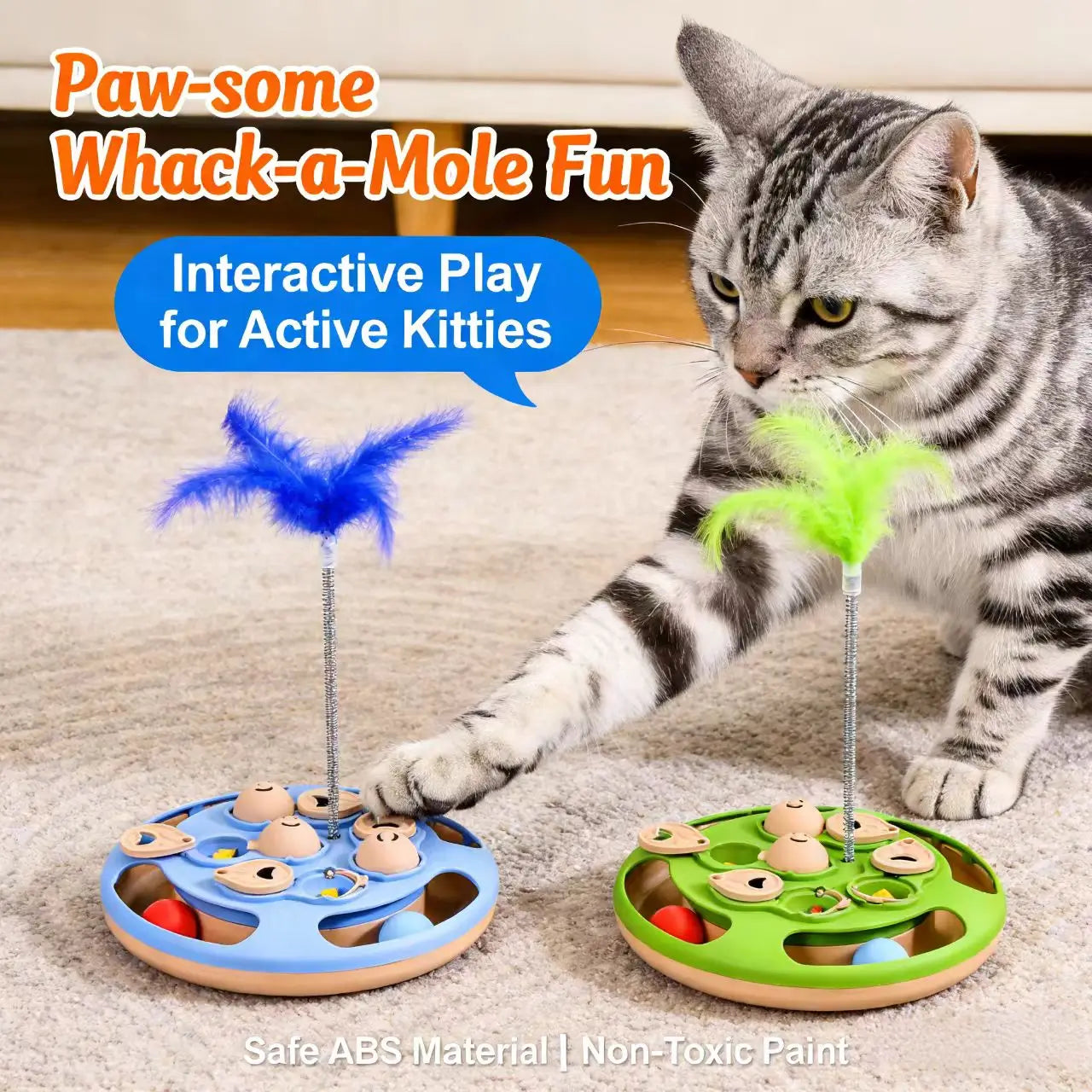Interactive Whack-a-Mole Cat Toy - Feather Teaser,  Blue/Green