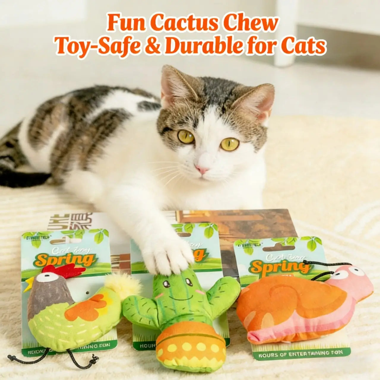 Safe Durable Plush Cat Chew Toy - Cactus & Bird Shape, Catnip Compatible, Multi-Color