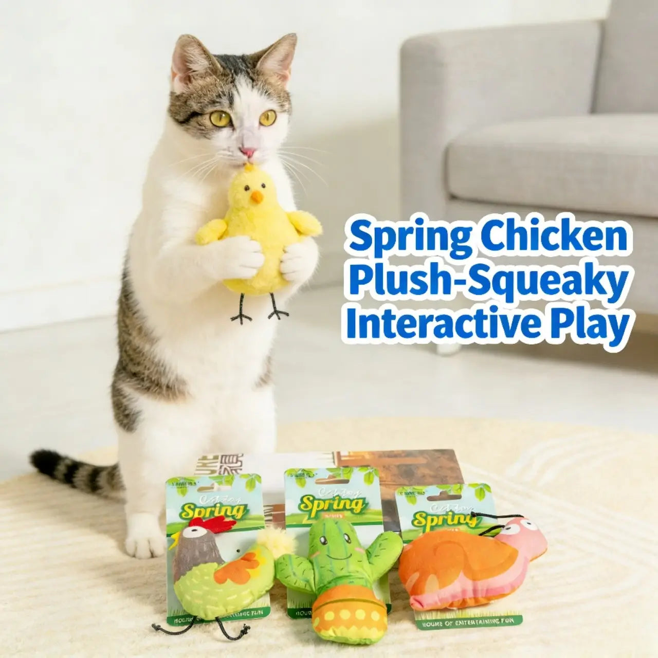 Safe Durable Plush Cat Chew Toy - Cactus & Bird Shape, Catnip Compatible, Multi-Color