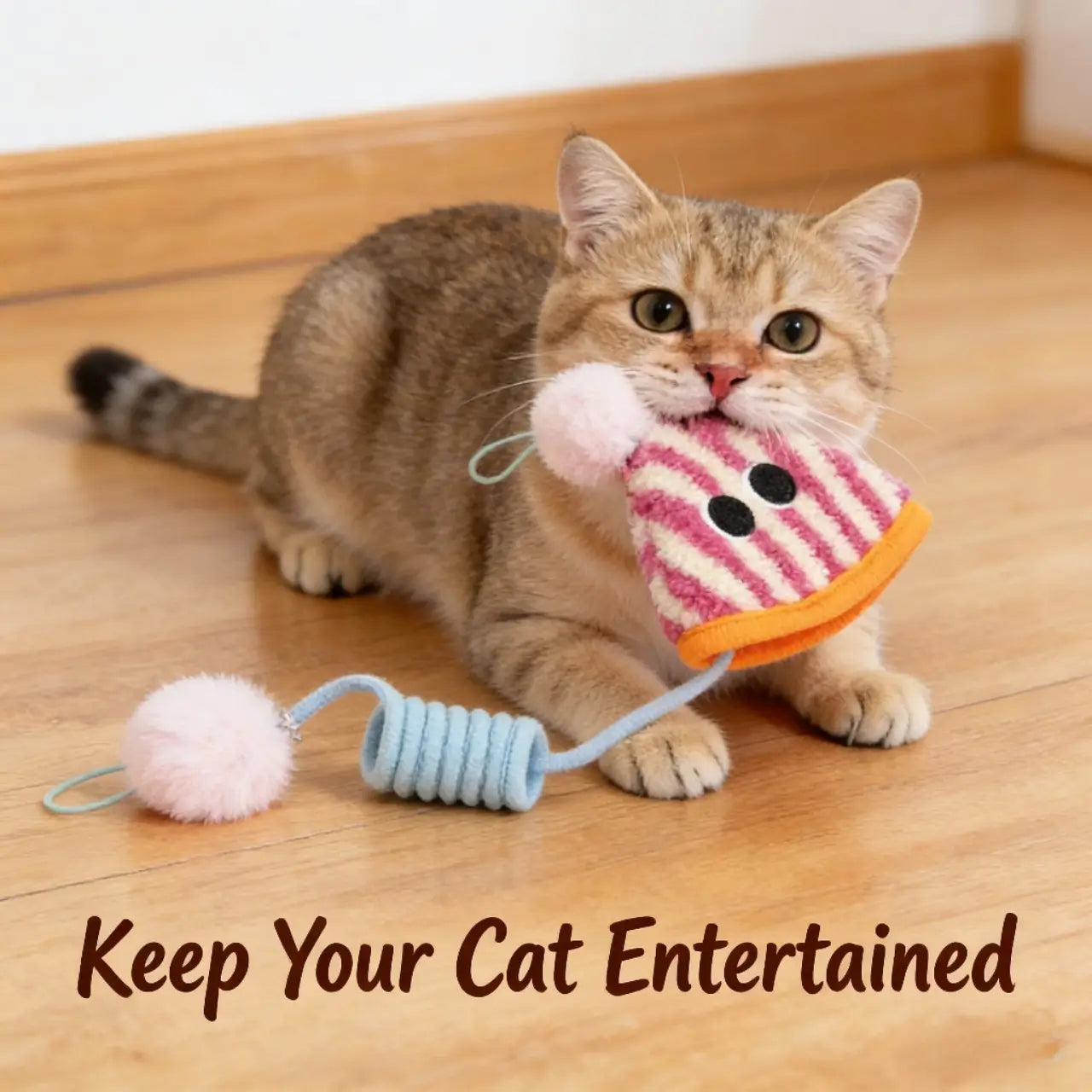 Spring Plush Cat Toy - Interactive, Pom-Pom, Pink/Orange