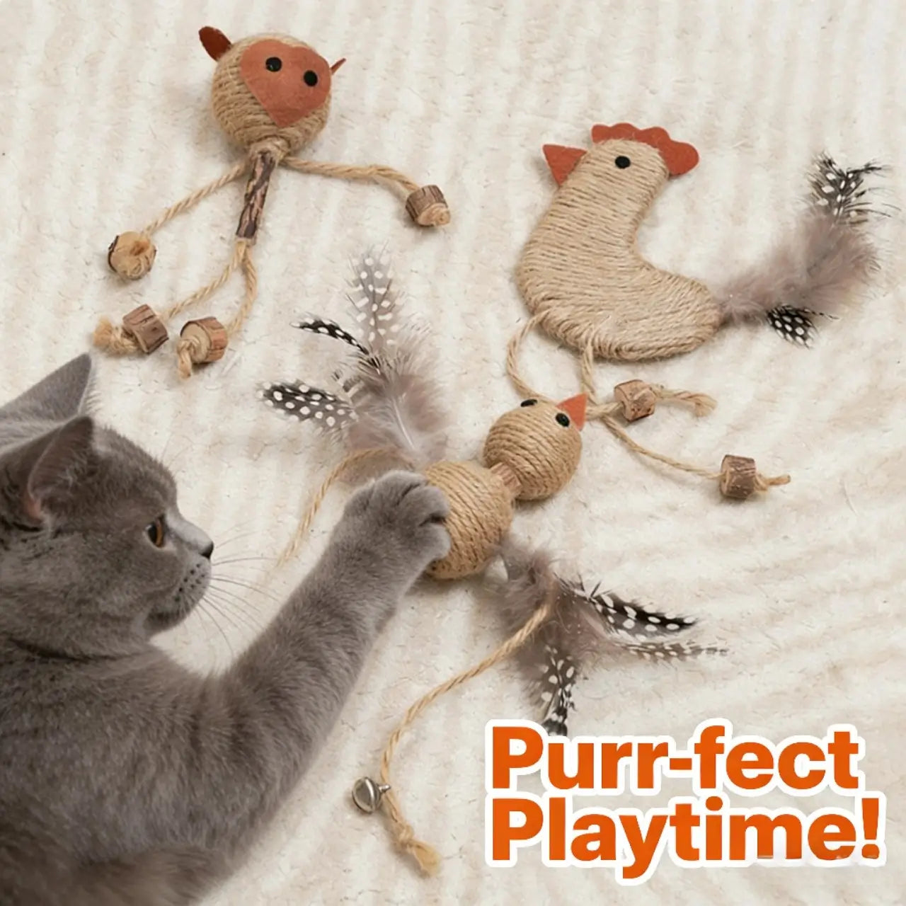 Sisal Bird & Chicken Cat Toy Set - Interactive, Natural, Multi-Color