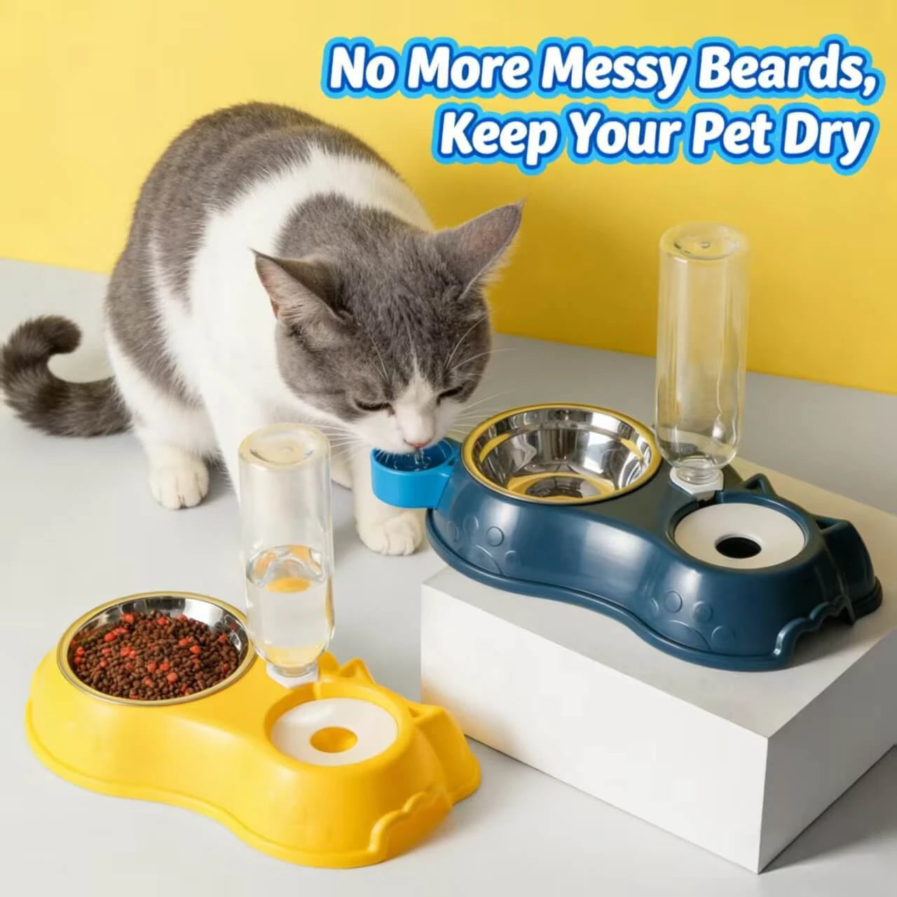 2-in-1 BPA-Free Feeding Bowl for Cats – Stainless Steel, Easy Clean, Yellow/Navy