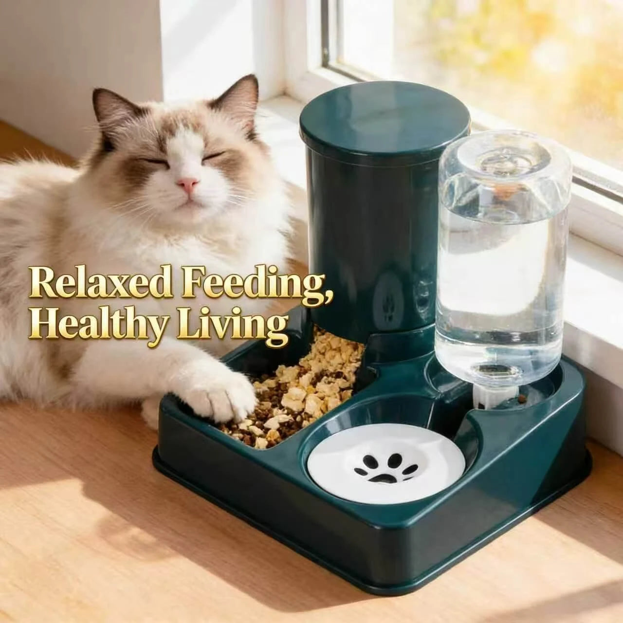 2-in-1 Automatic Feeder & Water Dispenser for Cats – Large Capacity, Dark Green