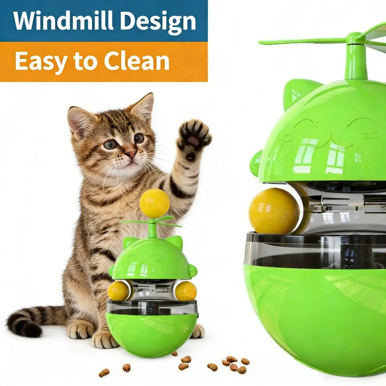 Windmill Cat Treat Toy - Interactive, Easy to Clean, Green