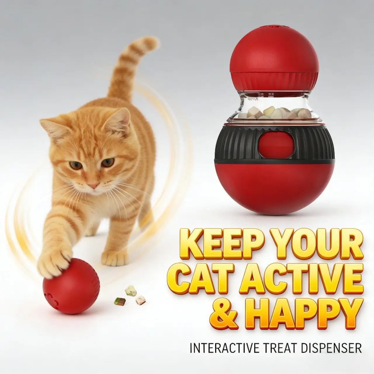 Treat-Dispensing Cat Ball - Interactive, Multi-Cat, Red/Black