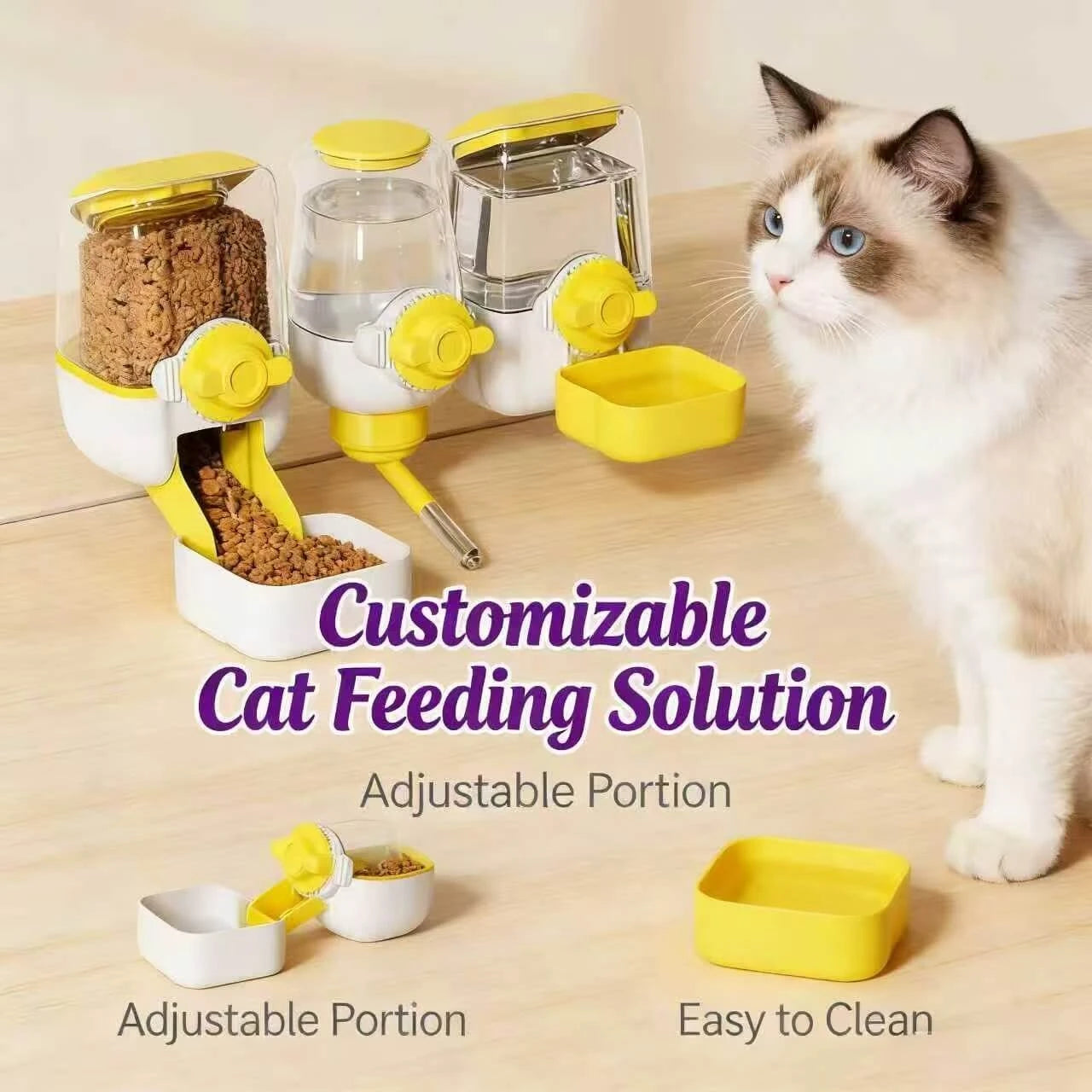 Customizable Adjustable Feeding & Hydration Station for Cats – Easy Clean, Yellow & White