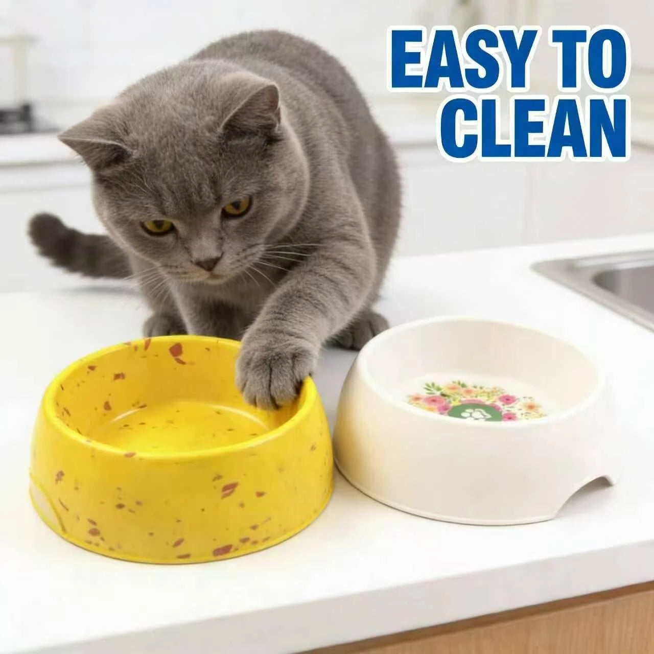 Pet-Friendly Non-Slip Cat Bowl – Safe Material, Colorful Designs (Yellow/White)