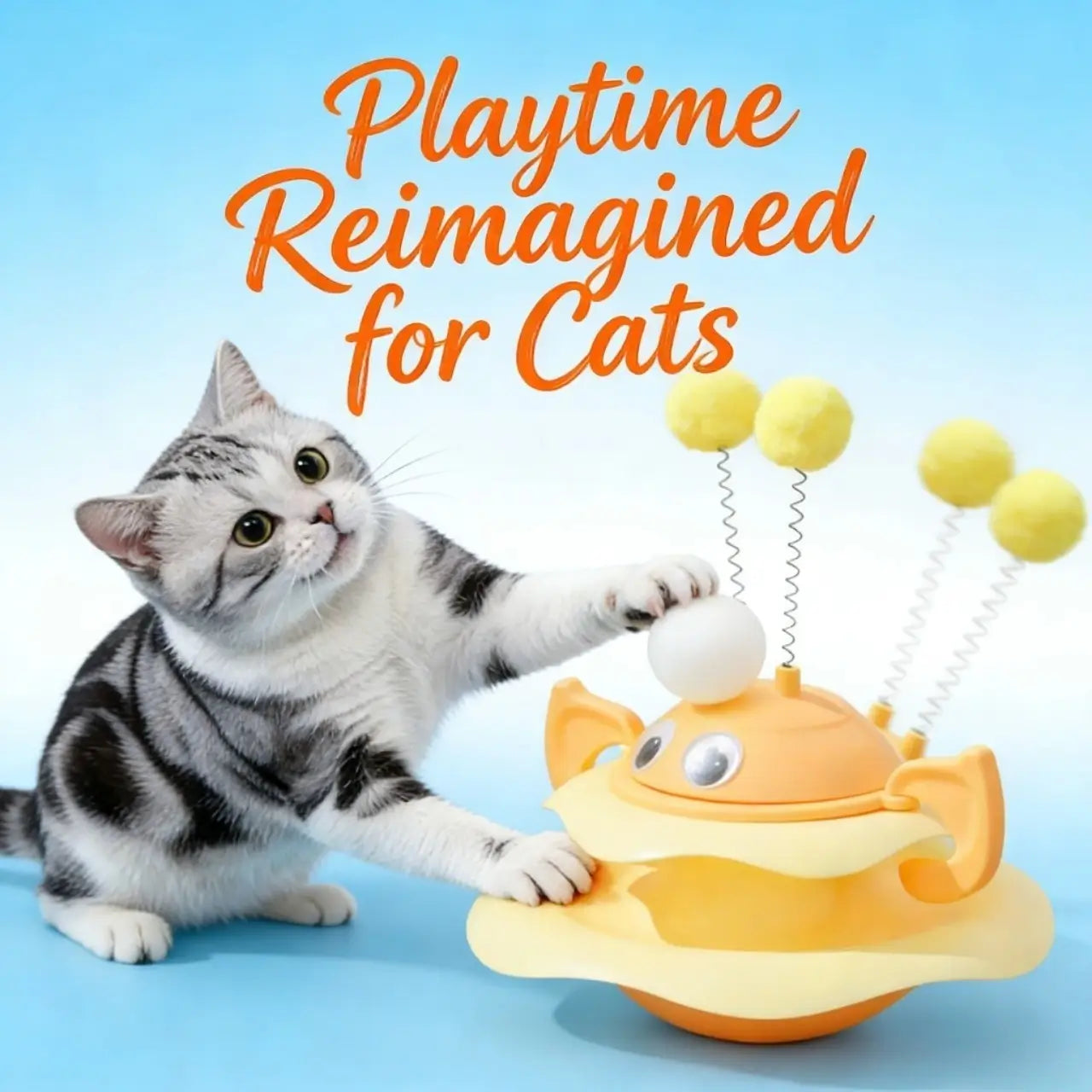 Wobble Cat Toy - Interactive, Spring Pom-Pom, Yellow/Orange