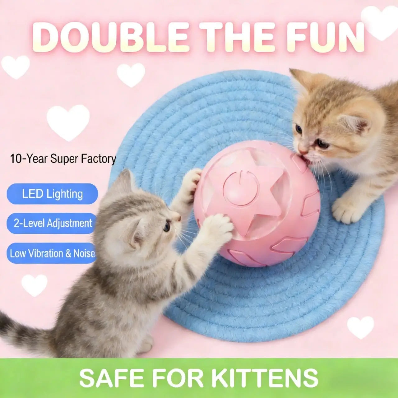 Interactive LED Cat Ball Toy - 2-Level Adjustment, Low Noise, Pink