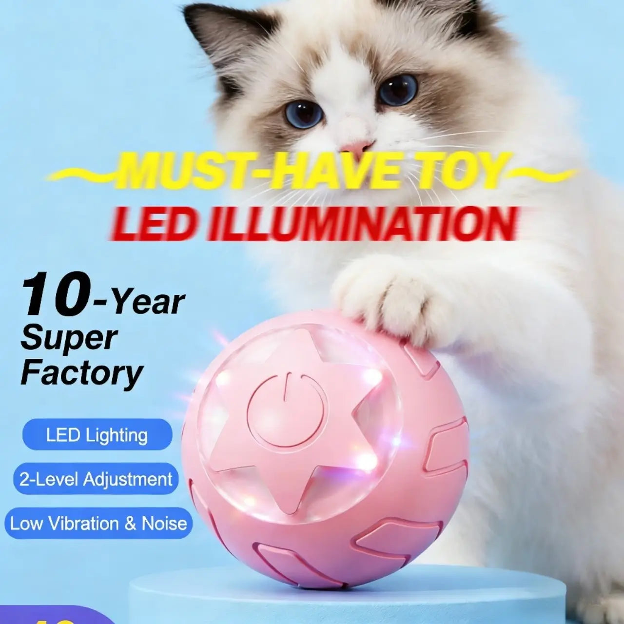 Interactive LED Cat Ball Toy - 2-Level Adjustment, Low Noise, Pink
