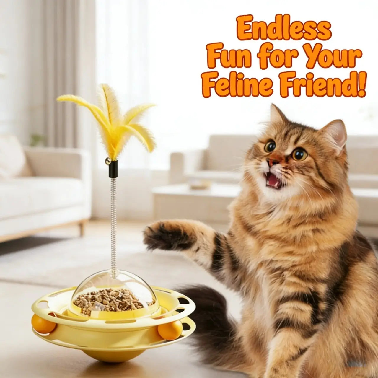 Treat-Dispensing Cat Toy - Feather Teaser, Yellow