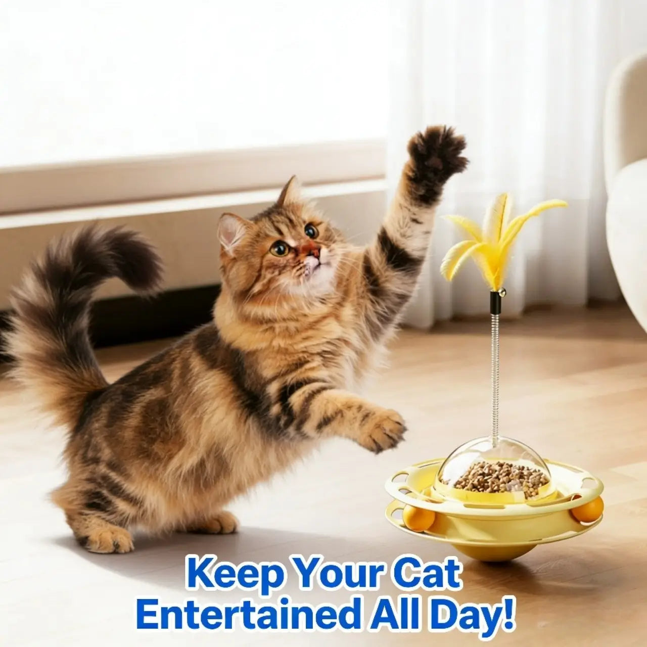 Treat-Dispensing Cat Toy - Feather Teaser, Yellow