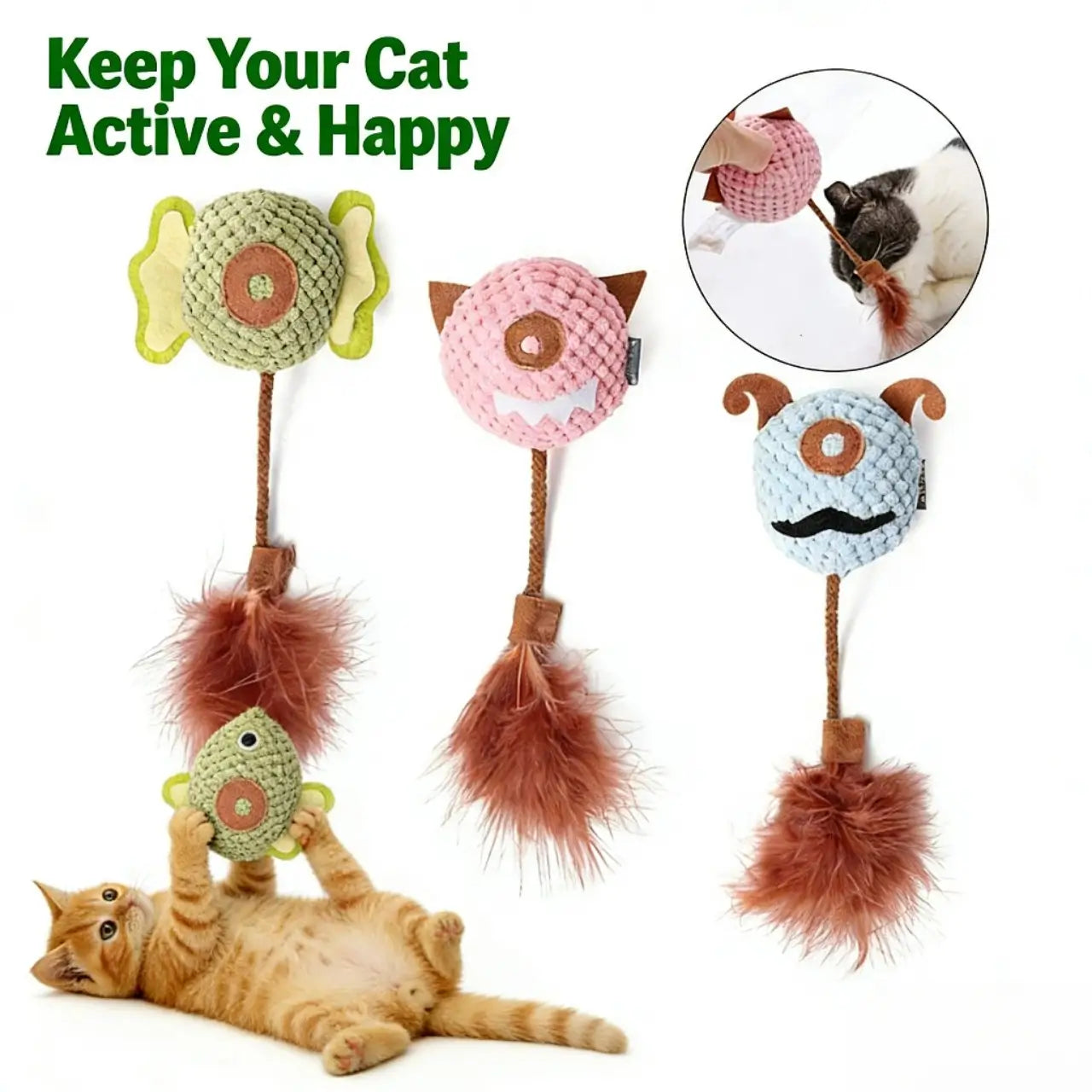 Interactive Knit Monster Cat Toy - Feather Tassel, Catnip Compatible, Multi-Color