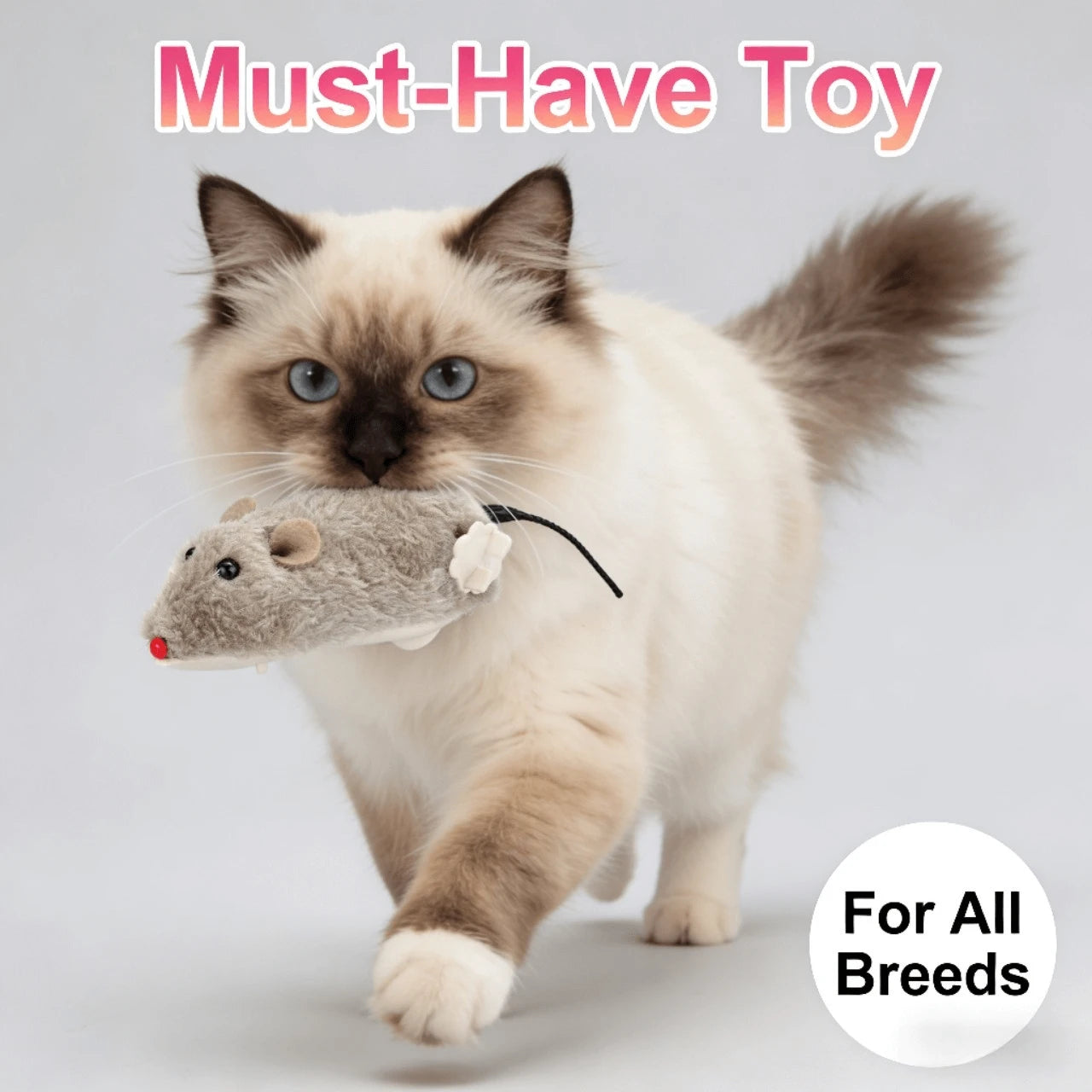 Wind-up Interactive Plush Mouse Cat Toy, Realistic Furry Simulation, Gray