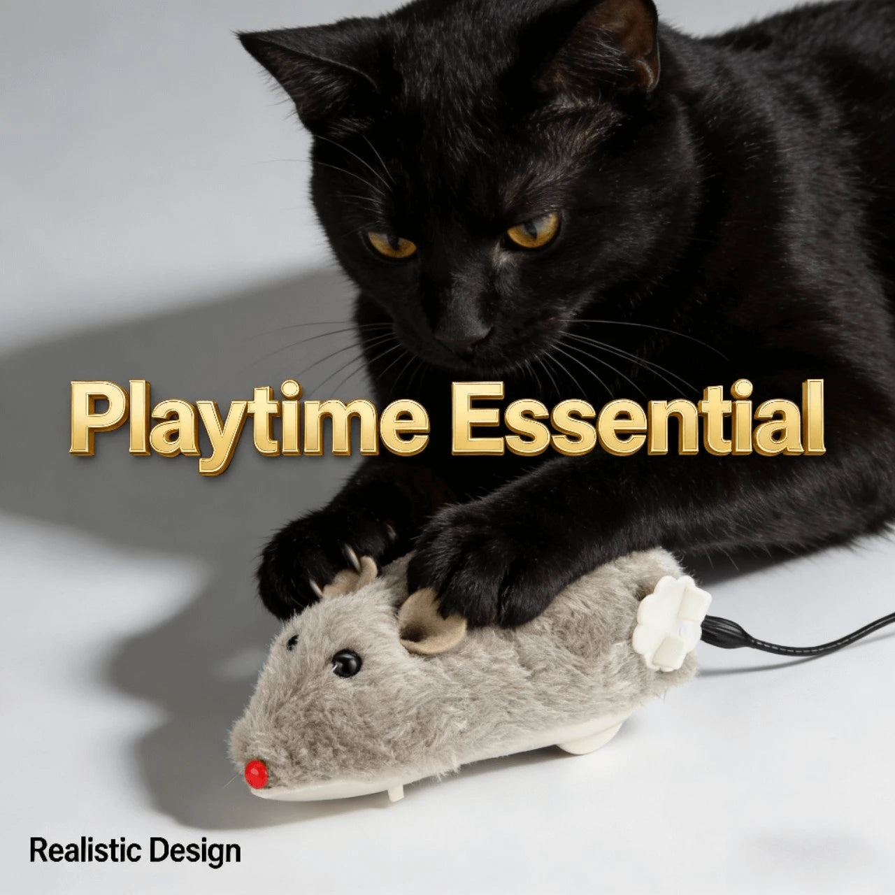 Wind-up Interactive Plush Mouse Cat Toy, Realistic Furry Simulation, Gray