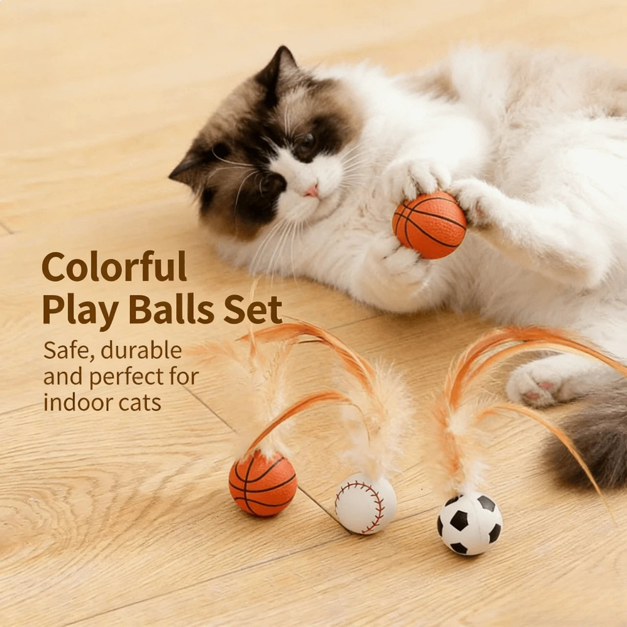 Interactive Self-Play Feather Sports Ball Cat Toys (3-Pack) for Cats