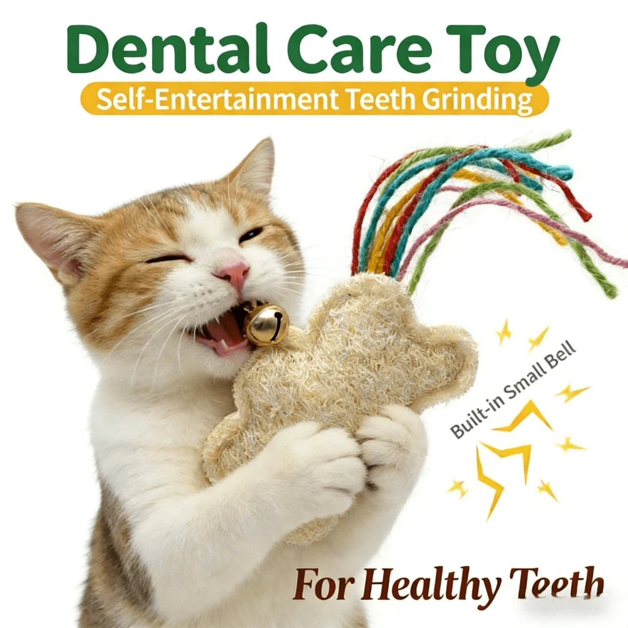 Dental Cleaning Self-Play Loofah & Hemp Chew Toy for Cats, with Bell & Tassels