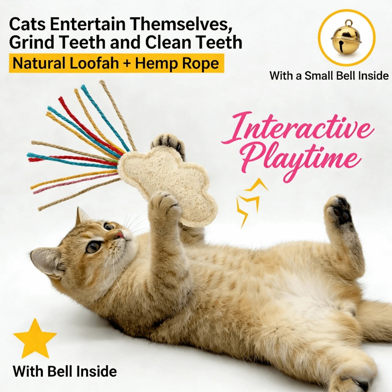 Dental Cleaning Self-Play Loofah & Hemp Chew Toy for Cats, with Bell & Tassels