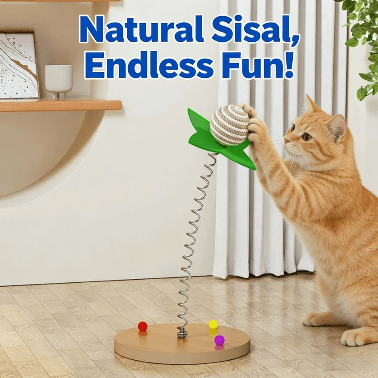 Springy Interactive Sisal Cat Teaser Toy, Eco-Friendly Wooden Base for Cats
