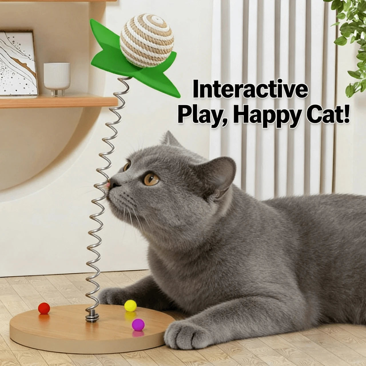 Springy Interactive Sisal Cat Teaser Toy, Eco-Friendly Wooden Base for Cats