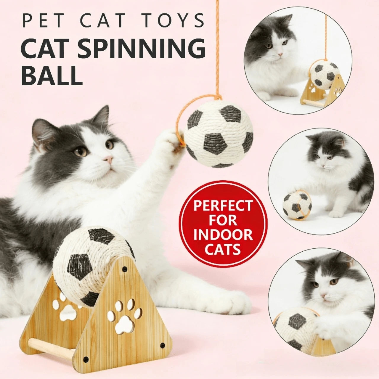 Interactive Rotating Sisal Ball Cat Toy, Wooden Scratcher & Play Station for Cats