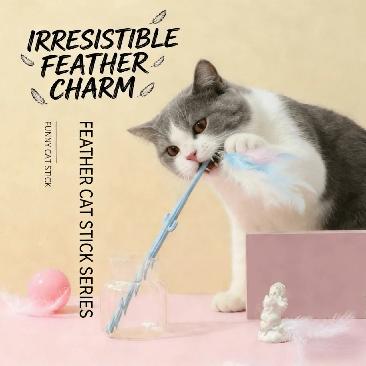Interactive Retractable Feather Cat Wand Toy for Cats, Pastel Blue & Pink