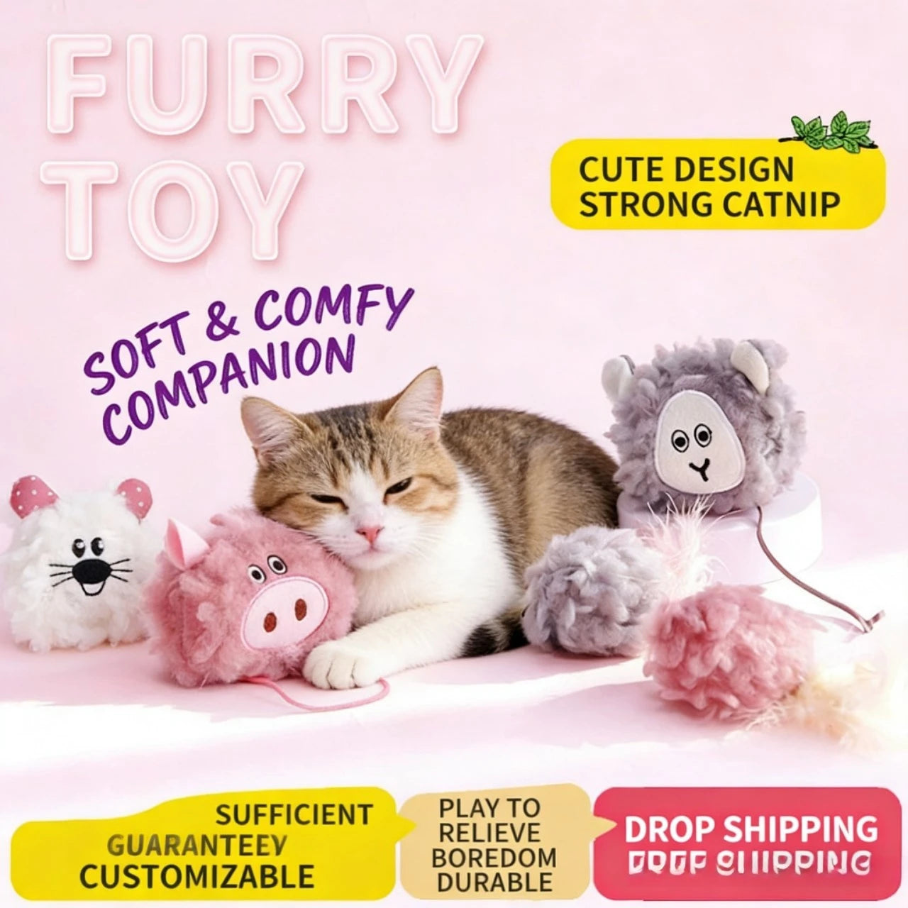 Catnip Infused Plush Animal Cat Toys, Self-Play Chewable for Cats, Pink & Gray