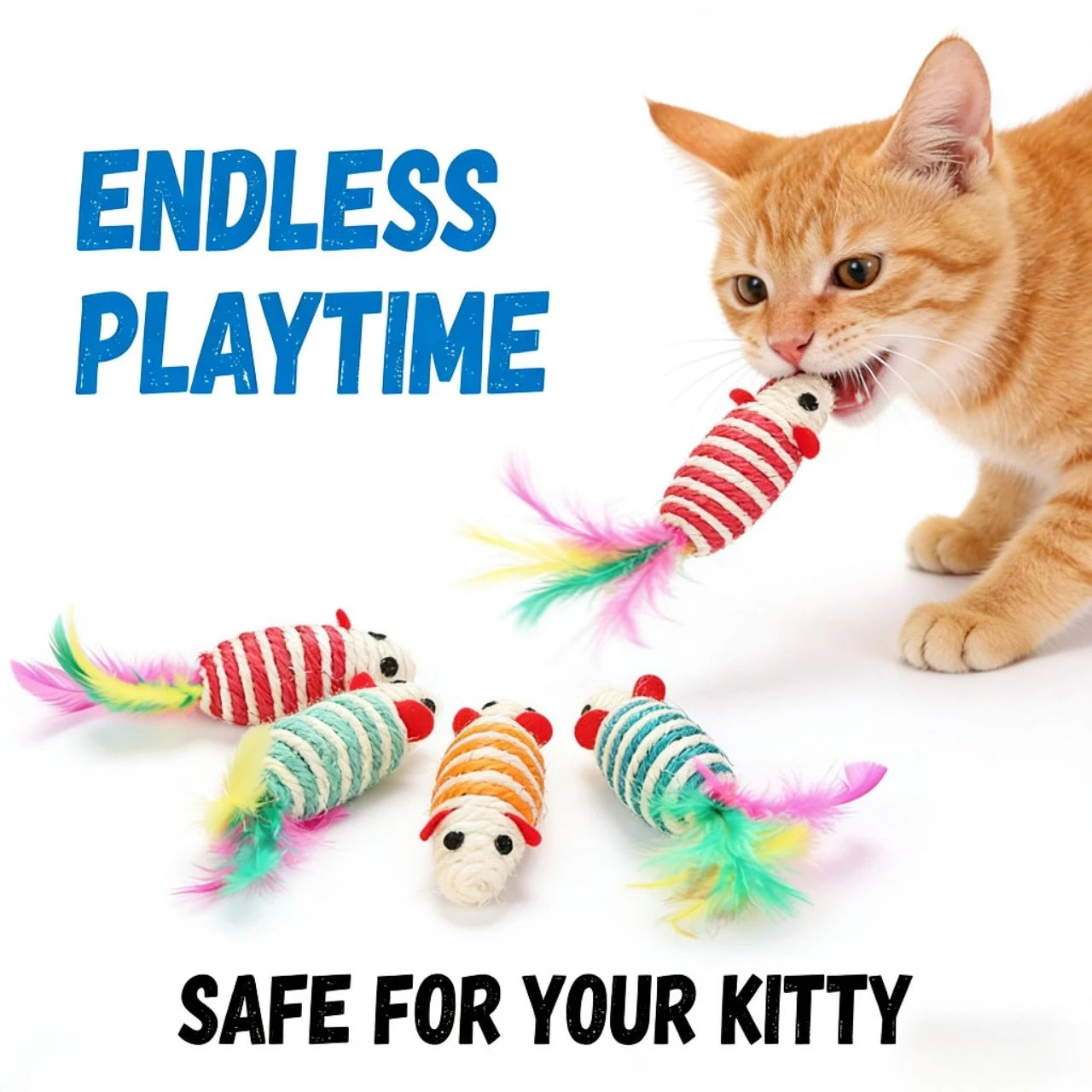 Scratching Interactive Sisal Mouse Cat Toys with Feathers for Cats, Colorful Striped