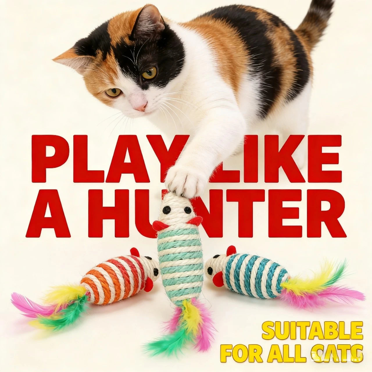 Scratching Interactive Sisal Mouse Cat Toys with Feathers for Cats, Colorful Striped