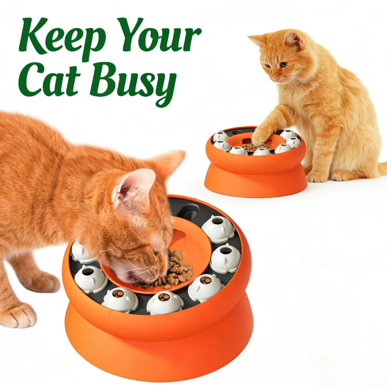 Interactive Puzzle Slow Feeder Cat Toy, Rotating Treat Dispenser for Cats, Orange